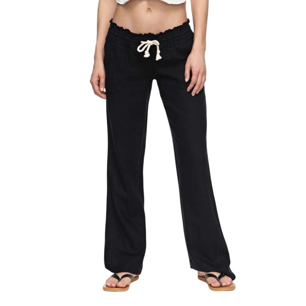Roxy Oceanside Black Linen Blend Straight Leg Beach Pants Womens Medium